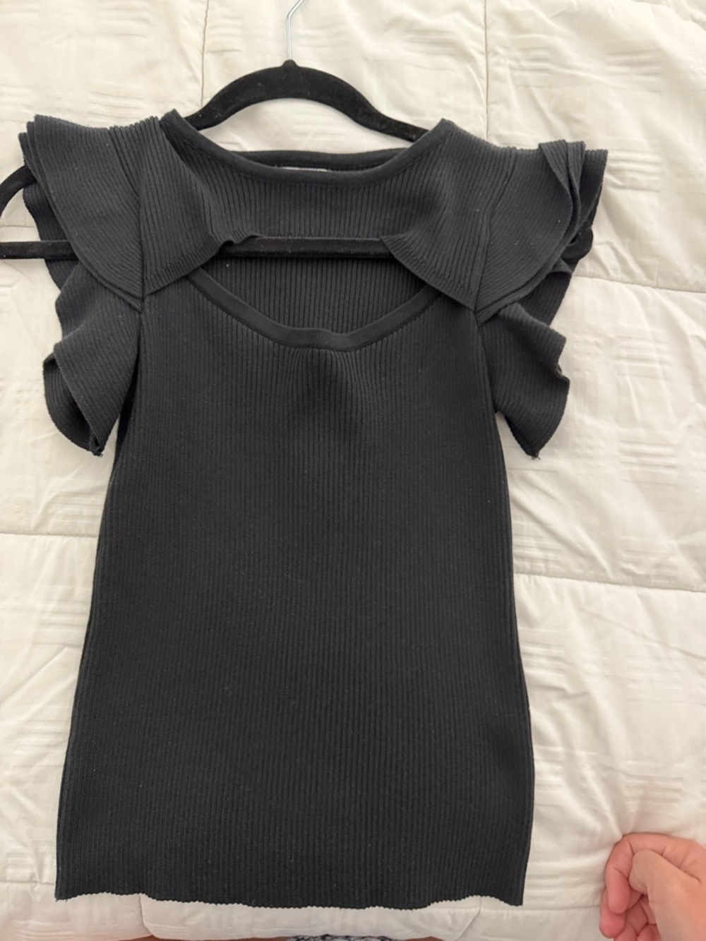 Ribbed Flutter Sleeve Black Blouse